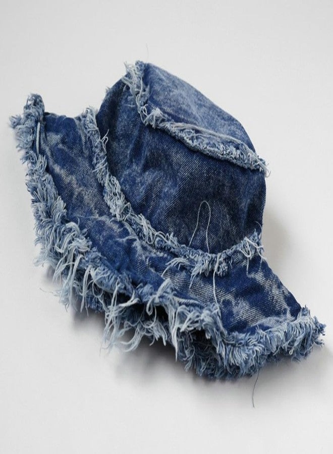 Caistre Bucket Hat Denim Fisherman Hat for Women Fringe Wide Brim Summer UV Protection Sun Hat Distressed Beach Hat - Image 4